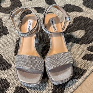 Steve Madden Silver Rhinestone Block Heel Sandals
